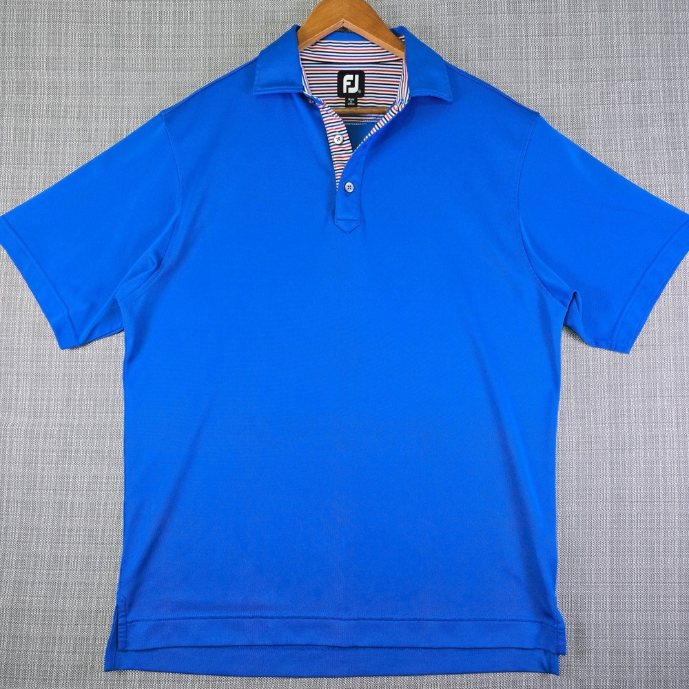 FootJoy Golf Polo Shirt Mens M Royal Blue Contrast Striped Placket Short Sleeve - Picture 2 of 12